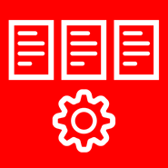 Three icons of pieces of paper, with an icon of a gear placed beneath. All feature black borders.