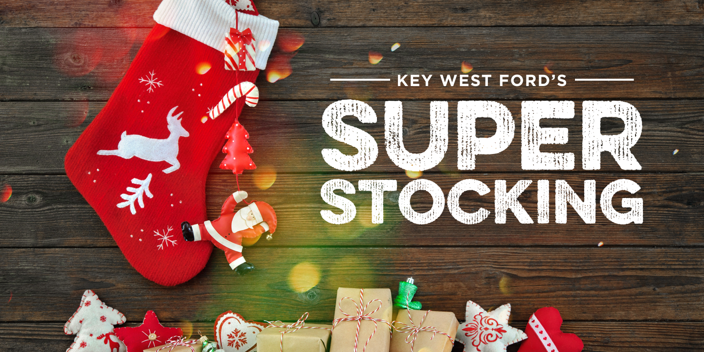 Image of a red and white stocking hanging from a mantle, with various Christmas decor surrounding it. To its right is text that reads: Key West Ford's Super Stocking.